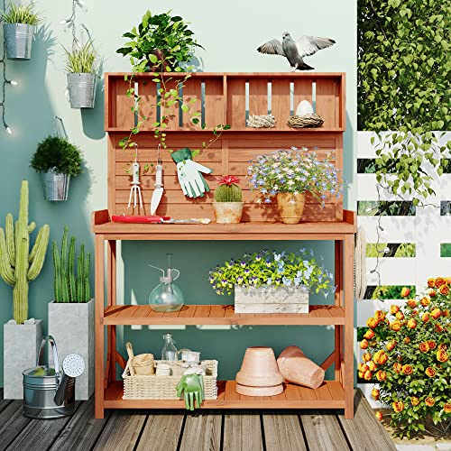 Outdoor Wooden Potting Bench Table with Drawers and Storage Shelves C672480