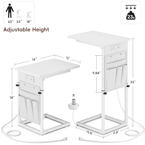 Vagusicc C Shaped End Table with Charging Station, Adjustable Height, Brown C747005