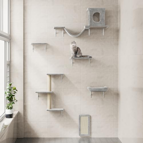 NUNU LAB Wall Mounted Cat Furniture, 7 Pcs Cat Wall Shelves with House, Gray T582052