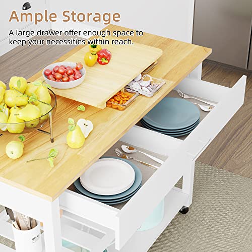 Shintenchi Kitchen Island with Drop Leaf, Rolling Cart with Storage, White T972