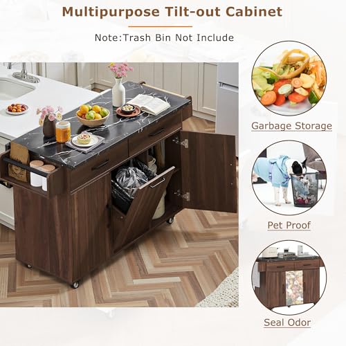 Kitchen Island Cart with Trash Can Storage and Drop Leaf B558974