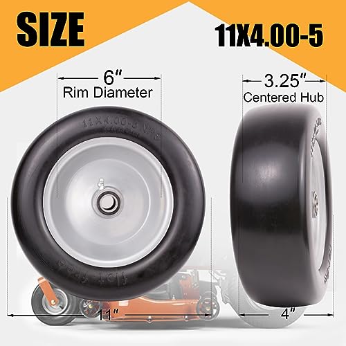11x4.00-5 Flat Free Solid Lawn Mower Tires with Wheels and Bearings, 2 Pack N22379
