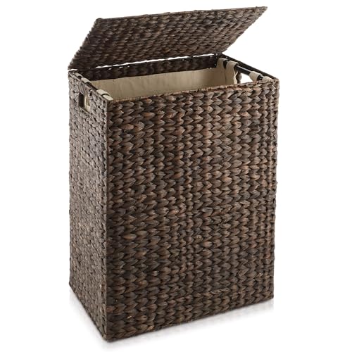 Casafield Large Laundry Hamper with Lid and Removable Liner Bag - Natural, Woven Water Hyacinth Rectangular Laundry Basket Sorter for Clothes and Towels