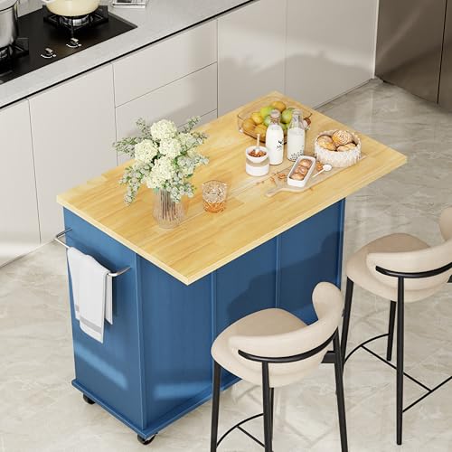 Shintenchi Kitchen Island with Drop Leaf, Rolling Cart with Storage, White T972