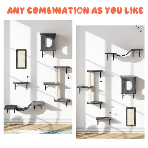 NUNU LAB Wall Mounted Cat Furniture, 7 Pcs Cat Wall Shelves with House, Gray T582052