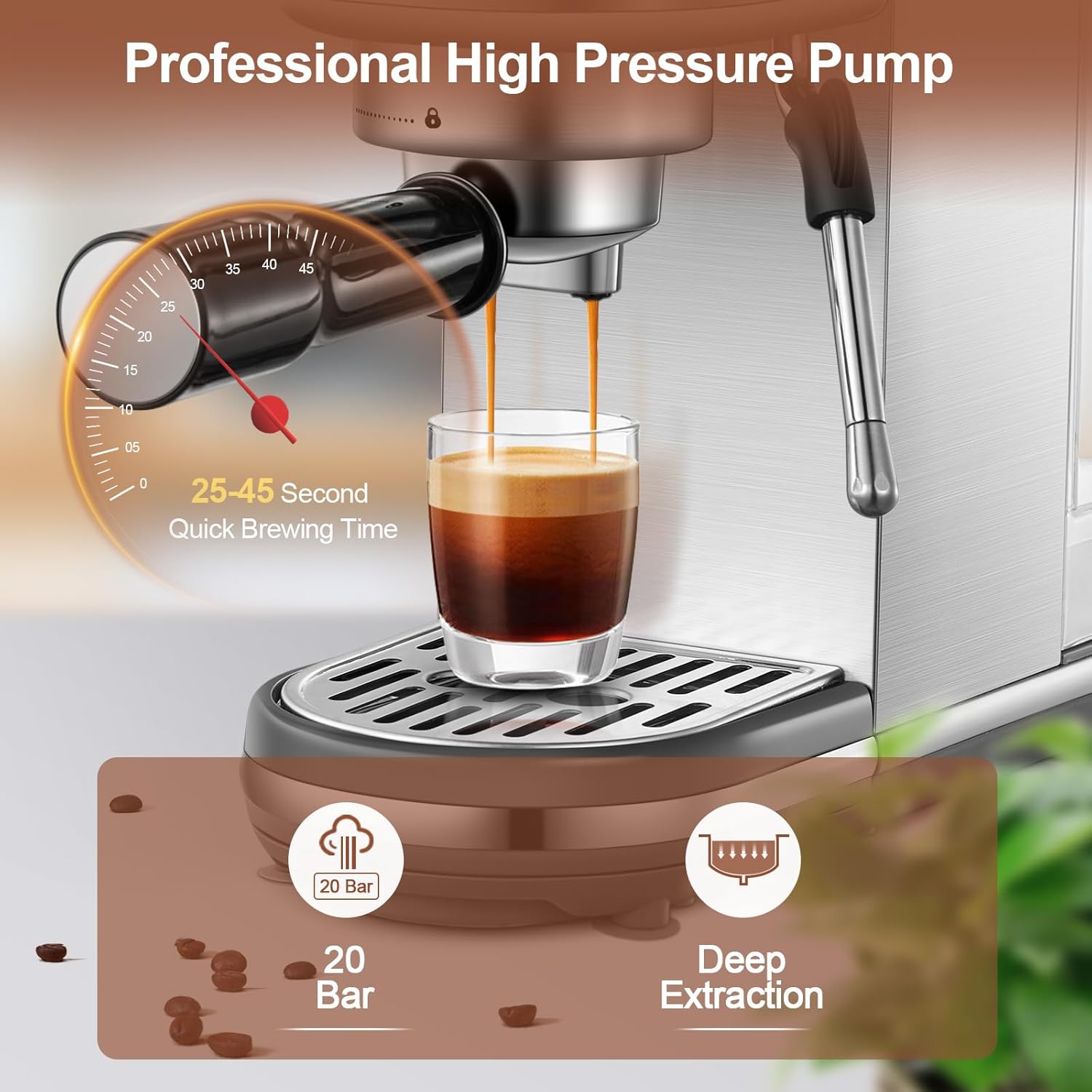 Espresso Coffee Machine 20 Bar, Compact Cappuccino Maker with Detachable Water Tank, Stainless Steel W7658