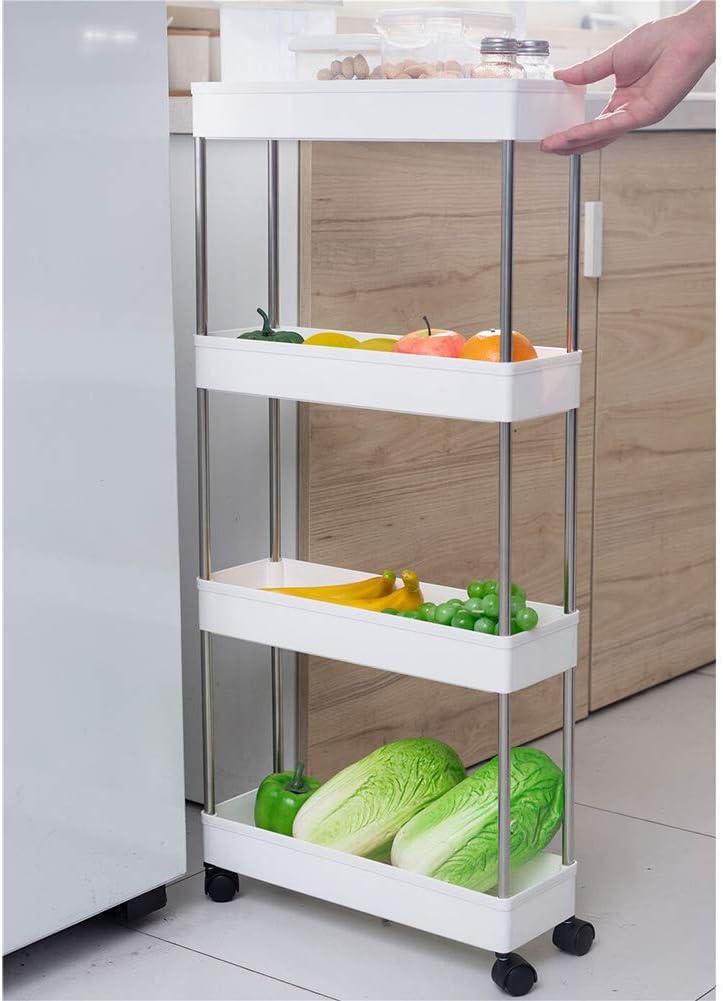 4 Tier Narrow Sliding Storage Organizer Rack Rolling Cart White L318