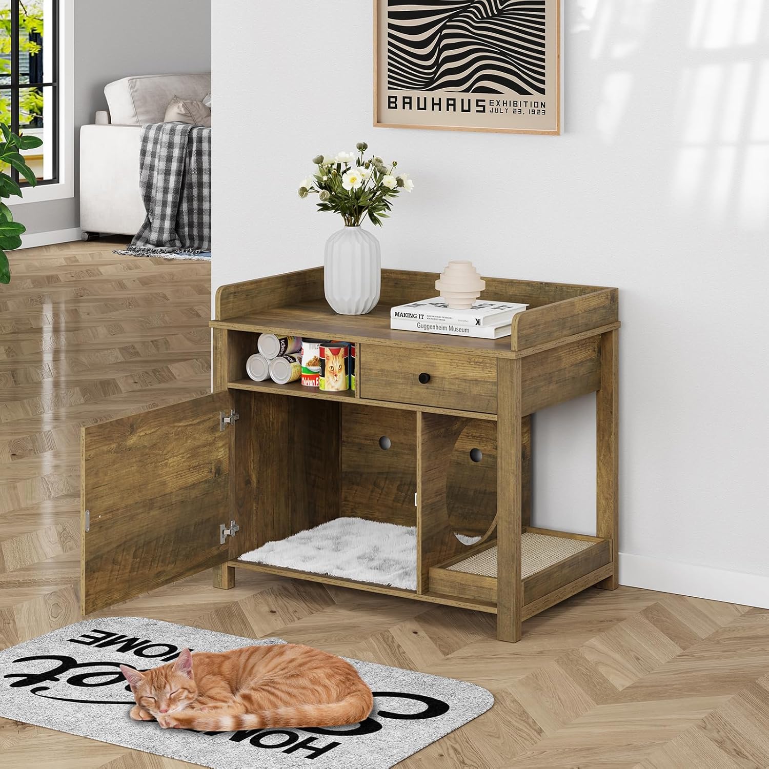 Wooden Cat Litter Box Enclosure with Shelves and Drawer G29596