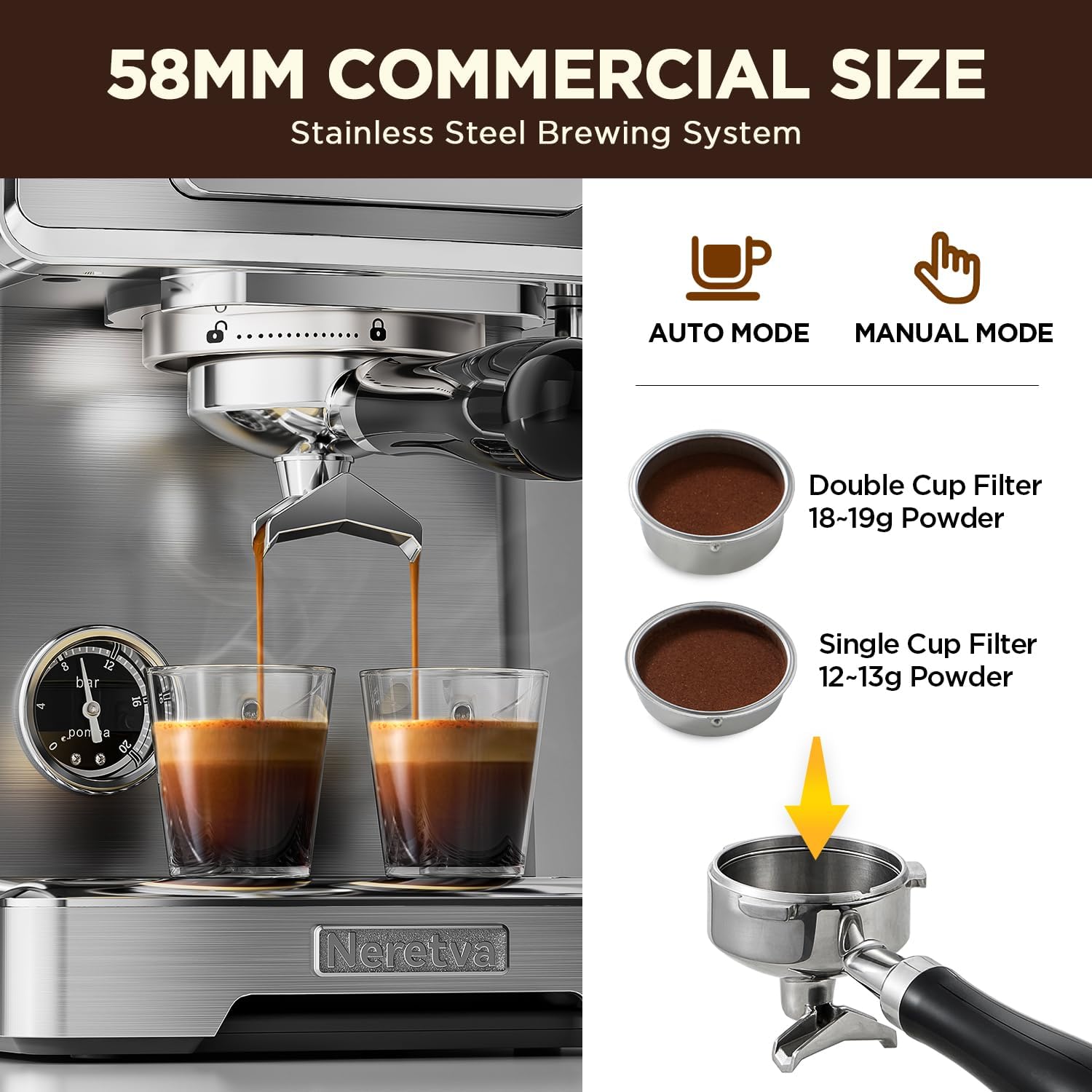 Neretva Espresso Machine, 15 Bar LCD Display, Stainless Steel with Milk Frother L295313