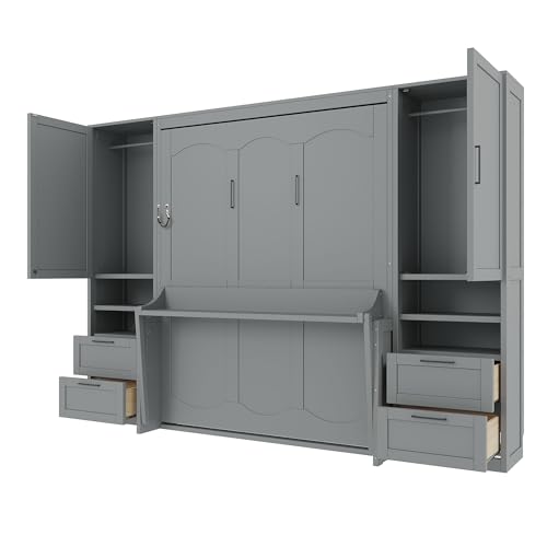 Ball & Cast Murphy Bed Queen Size Wall Chest with Charging Station and Storage Drawer, Gray J8503