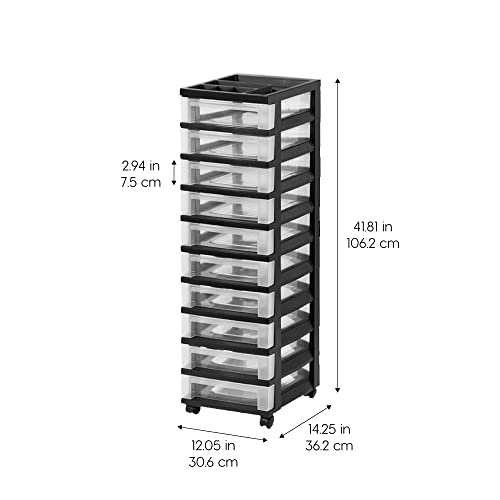 IRIS USA Plastic 10-Drawer Rolling Storage Cart with Wheels, Black/Clear T4065