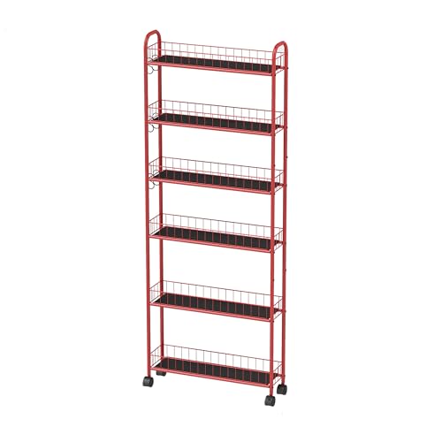 6-Tier Storage Cart Wire Slim Shelving Shelf with Wheels for Small Spaces, Rolling Tall Organizer Storage for Bathroom, Kitchen, Home, Garage, Bedroom, Closet (Red, 6" D)