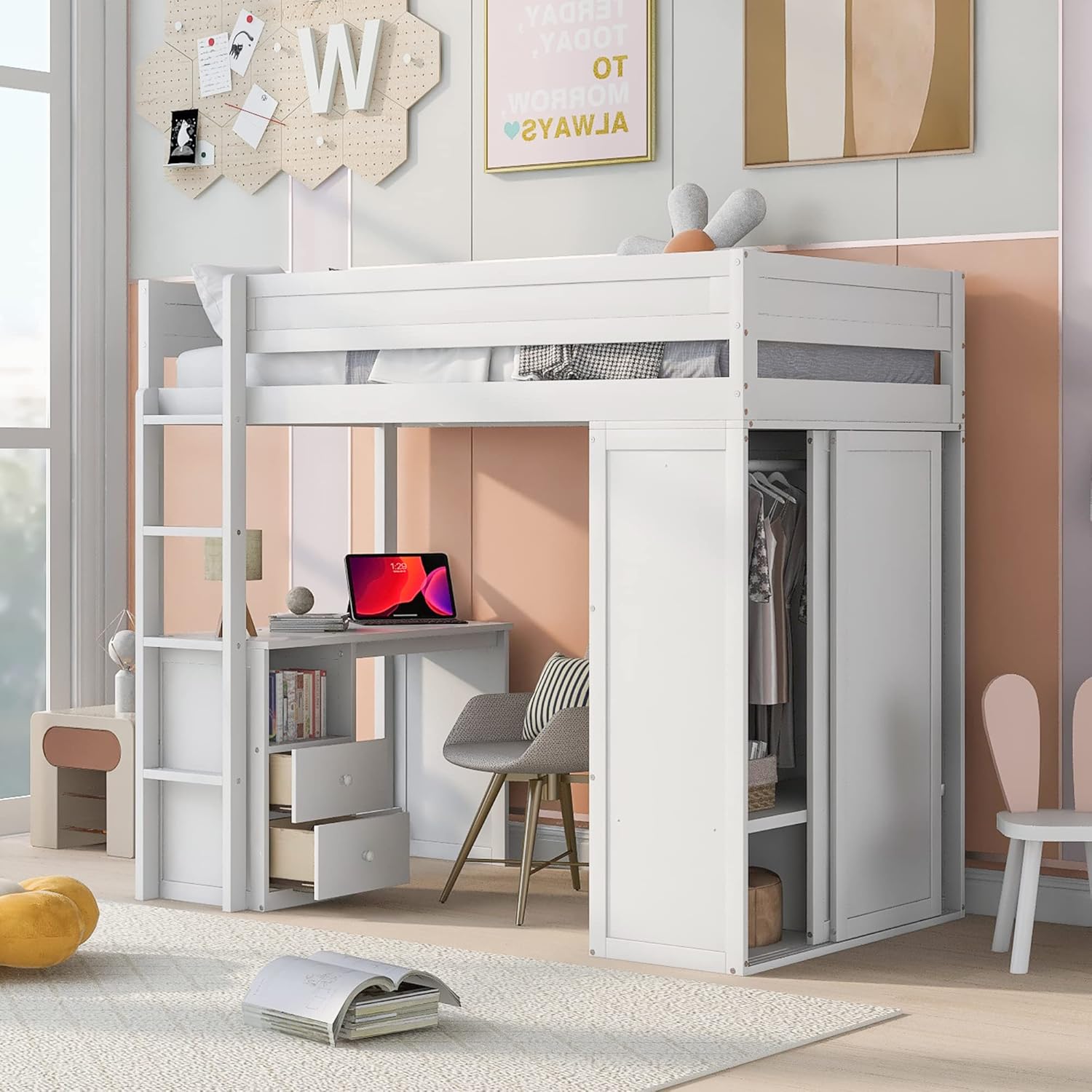Modern Twin Loft Bed with Desk and Wardrobe, White L334490