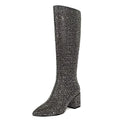wetkiss Rhinestone/PU Low Chunky Pointed Toe Ankle Boots for Women with Full Bling Sparkly Crystals Booties for Wedding Party Date Dress