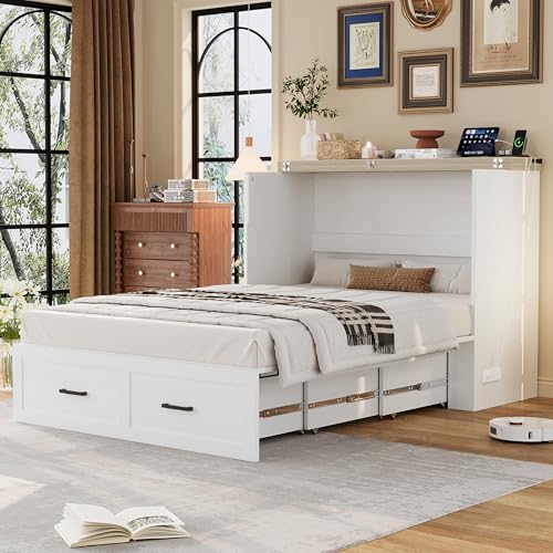 Murphy Cabinet Bed Frame with Charging Station, Full-Size Foldable Wall Bed Z526