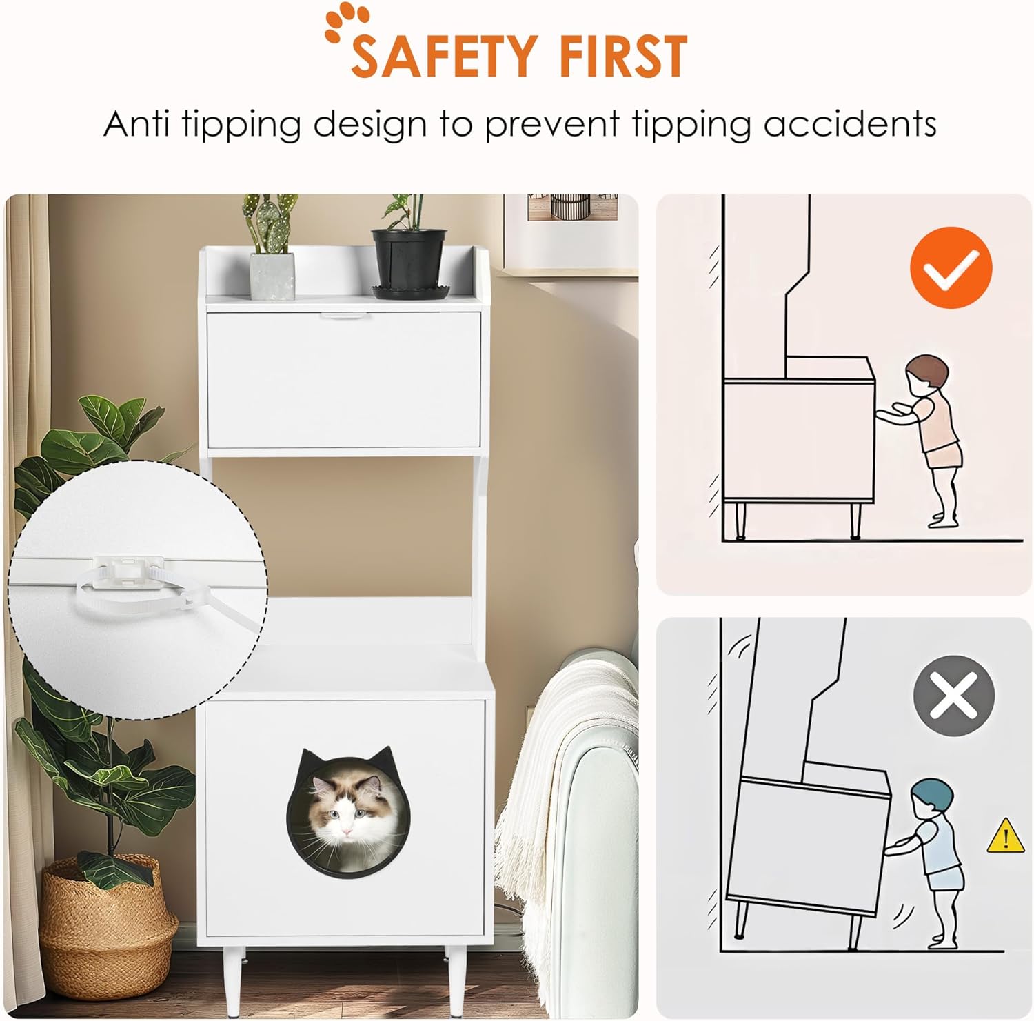 White Wooden Cat Litter Box Enclosure with Storage Shelves J4228