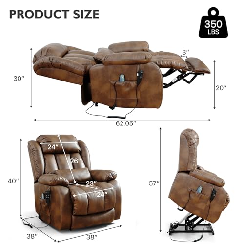 EDILLY Genuine Leather Power Lift Recliner Chair with Massage and Heating, Brown C901