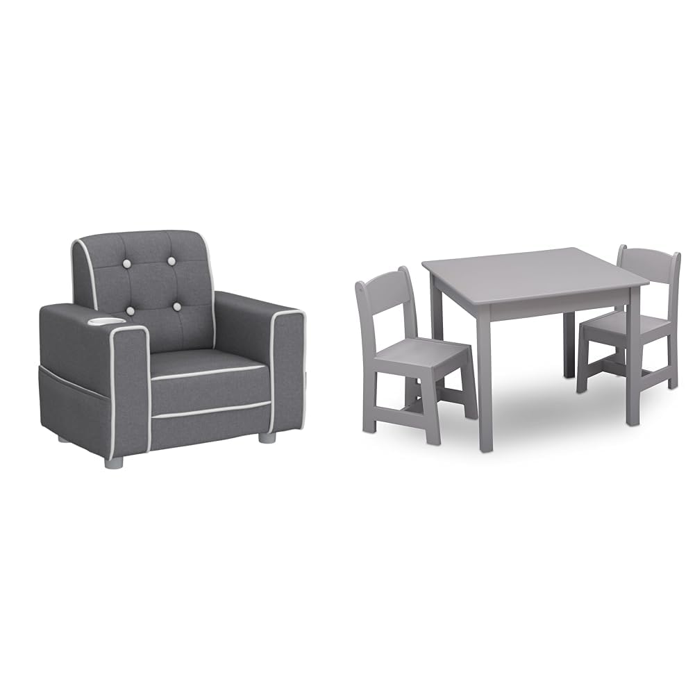 Delta Children Chelsea Kids Upholstered Chair with Cup Holder, Soft Grey & MySize Kids Wood Table and Chair Set (2 Chairs Included)