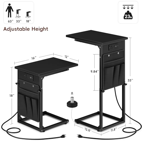 Vagusicc C Shaped End Table with Charging Station, Adjustable Height, Brown C747005