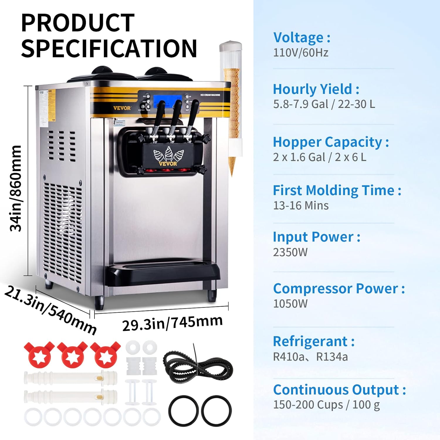 VEVOR Commercial Ice Cream Maker, 22-30L/H, 2350W Countertop Soft Serve Machine Z834