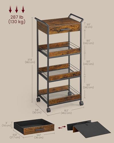 VASAGLE 4-Tier Rolling Utility Cart with Table Top, Lockable Casters, Rustic Brown and Ink Black L57262