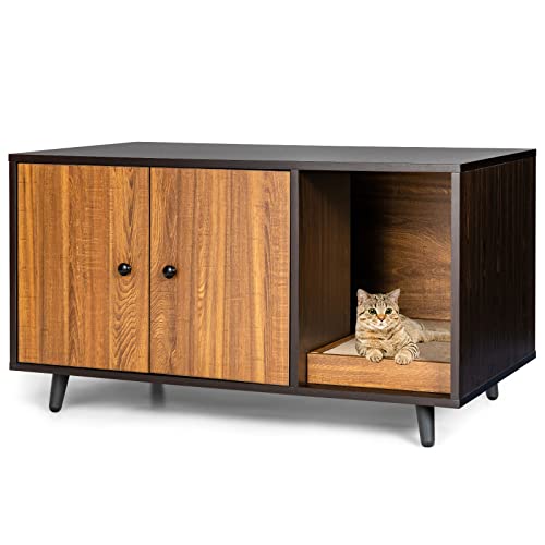 PETSITE Cat Litter Box Enclosure, Wooden Litter Box Cabinet with Divider, Scratching Pad & Metal Legs, Litterbox Enclosure Furniture with Double Doors, Hidden Litter Box, 35.5 x 20 x 20 inch