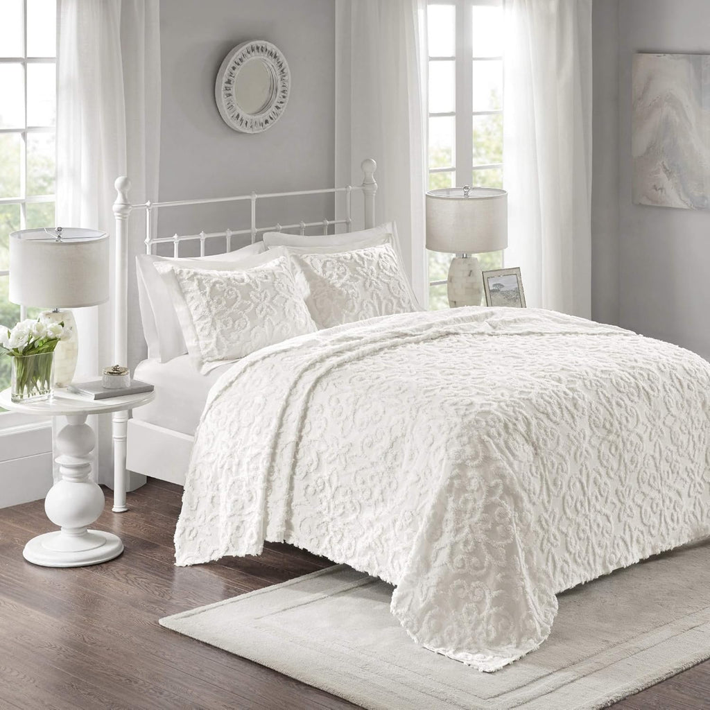 MISC Oversized White Chenille Bedspread King/Cal King 120x118 Vintage Medallion Extra Long Bedding to The Floor Tufted Old Fashioned Traditional Antique Classic Cotton, 3 Piece
