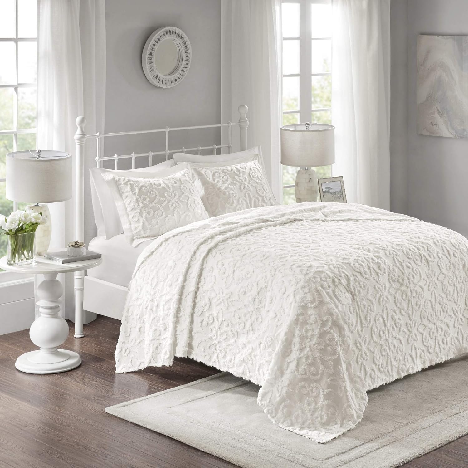 MISC Oversized White Chenille Bedspread King/Cal King 120x118 Vintage Medallion Extra Long Bedding to The Floor Tufted Old Fashioned Traditional Antique Classic Cotton, 3 Piece