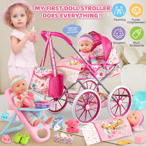 Baby Doll Stroller Toys Set with 24 PCS Accessories and 2 Doll Clothes Z858461