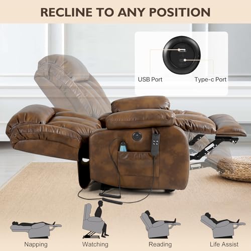 EDILLY Genuine Leather Power Lift Recliner Chair with Massage and Heating, Brown C901