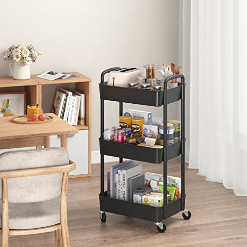 Sywhitta 3-Tier Plastic Rolling Utility Cart with Handle, Black F220270
