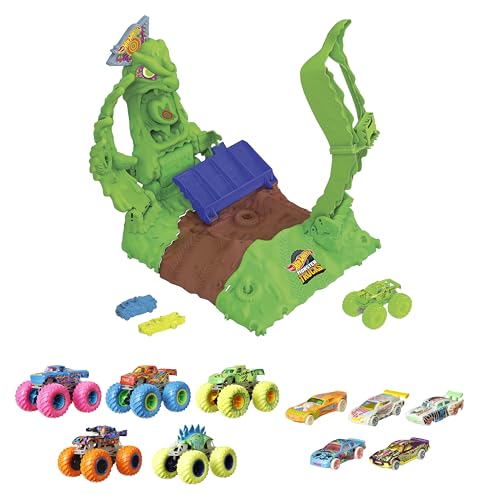 Hot Wheels Monster Trucks Toy Truck & Playset, 1 Glow-in-The-Dark 1:64 Scale Gunkster, GITD Arena Smashers Ooze Battle Challenge, 2 Crushable Cars