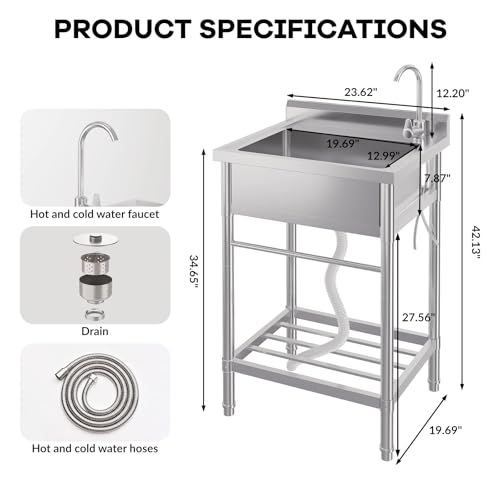 Stainless Steel Freestanding Utility Sink with Faucet and Drainboard E709258