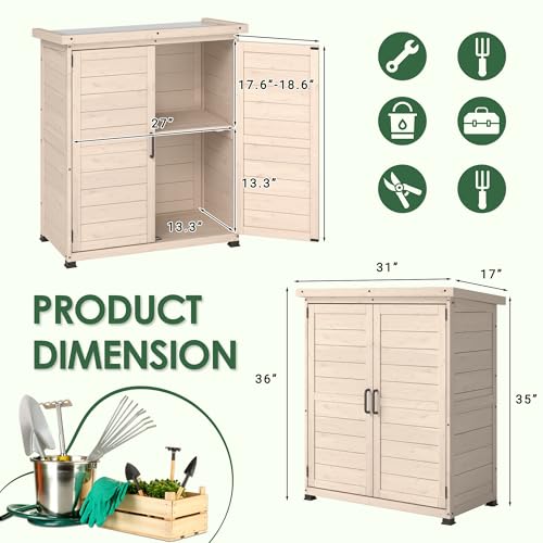 AECOJOY Outdoor Storage Cabinet with Waterproof Metal Tabletop and Removable Shelves, Beige B425