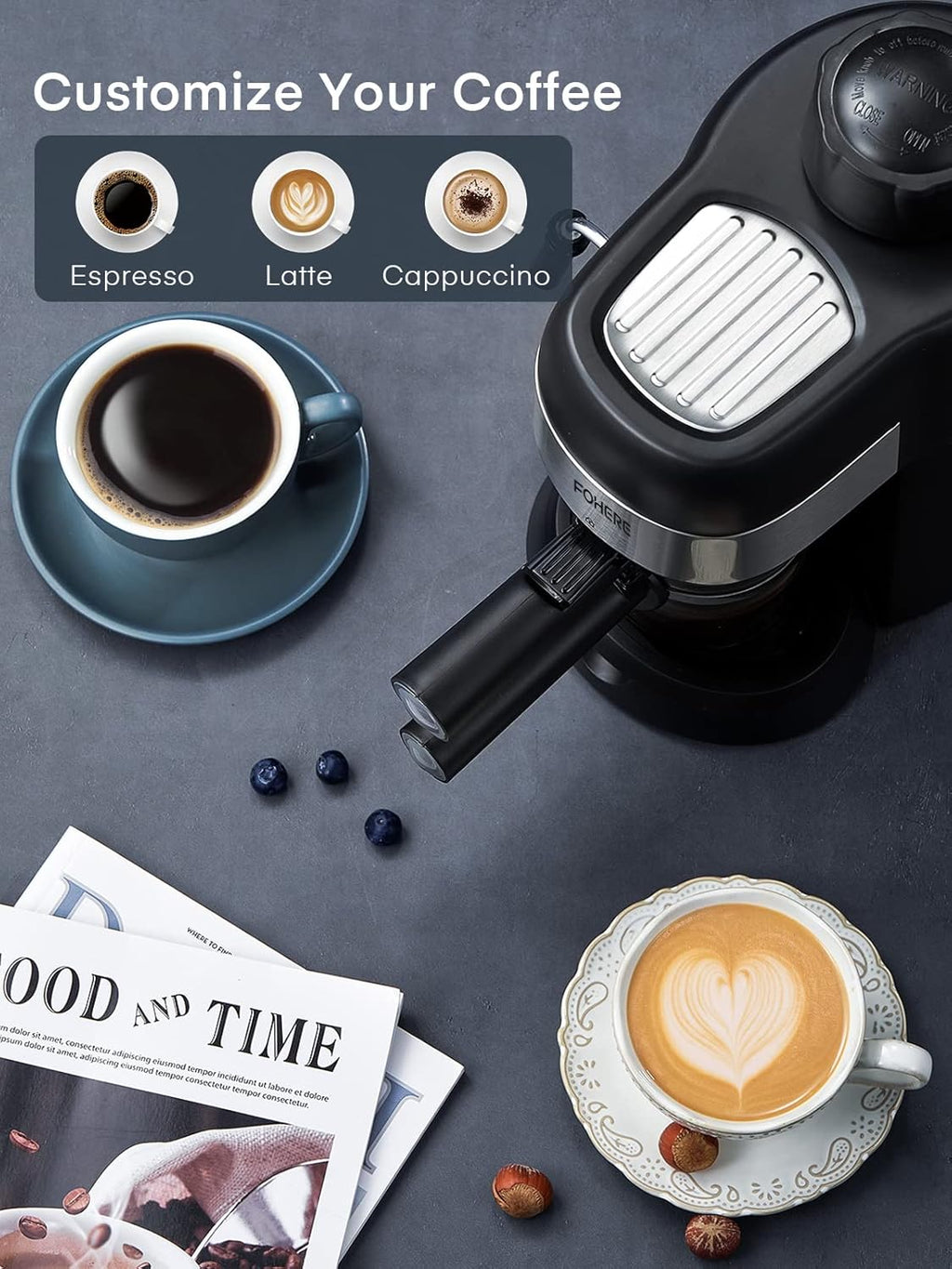 FOHERE Steam Espresso Machine, 3.5 Bar, Compact Cappuccino Maker with Milk Frother D619707