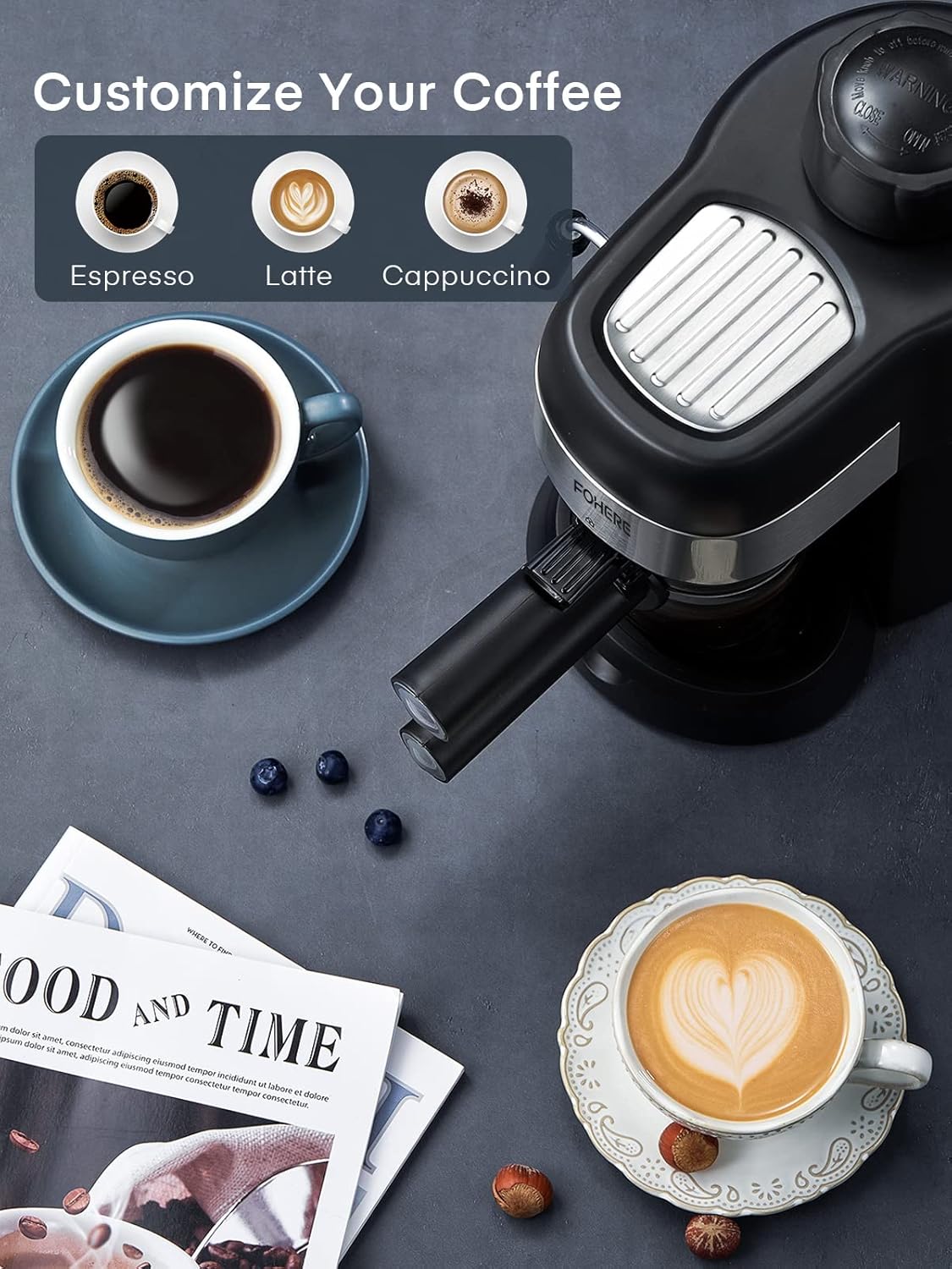 FOHERE Steam Espresso Machine, 3.5 Bar, Compact Cappuccino Maker with Milk Frother D619707
