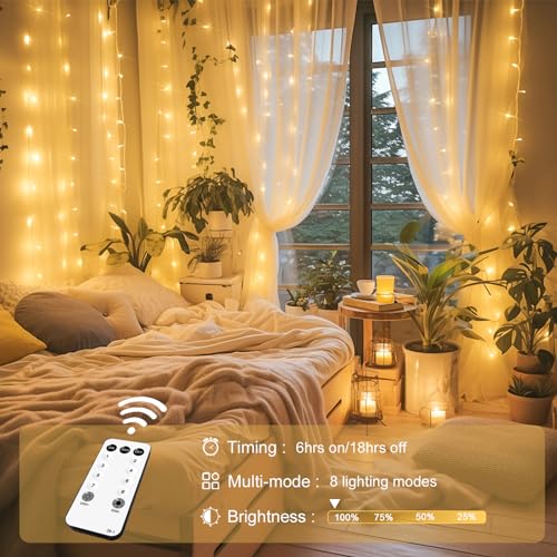 JMEXSUSS 300 LED Remote Control Christmas Curtain Lights, Warm White V64841