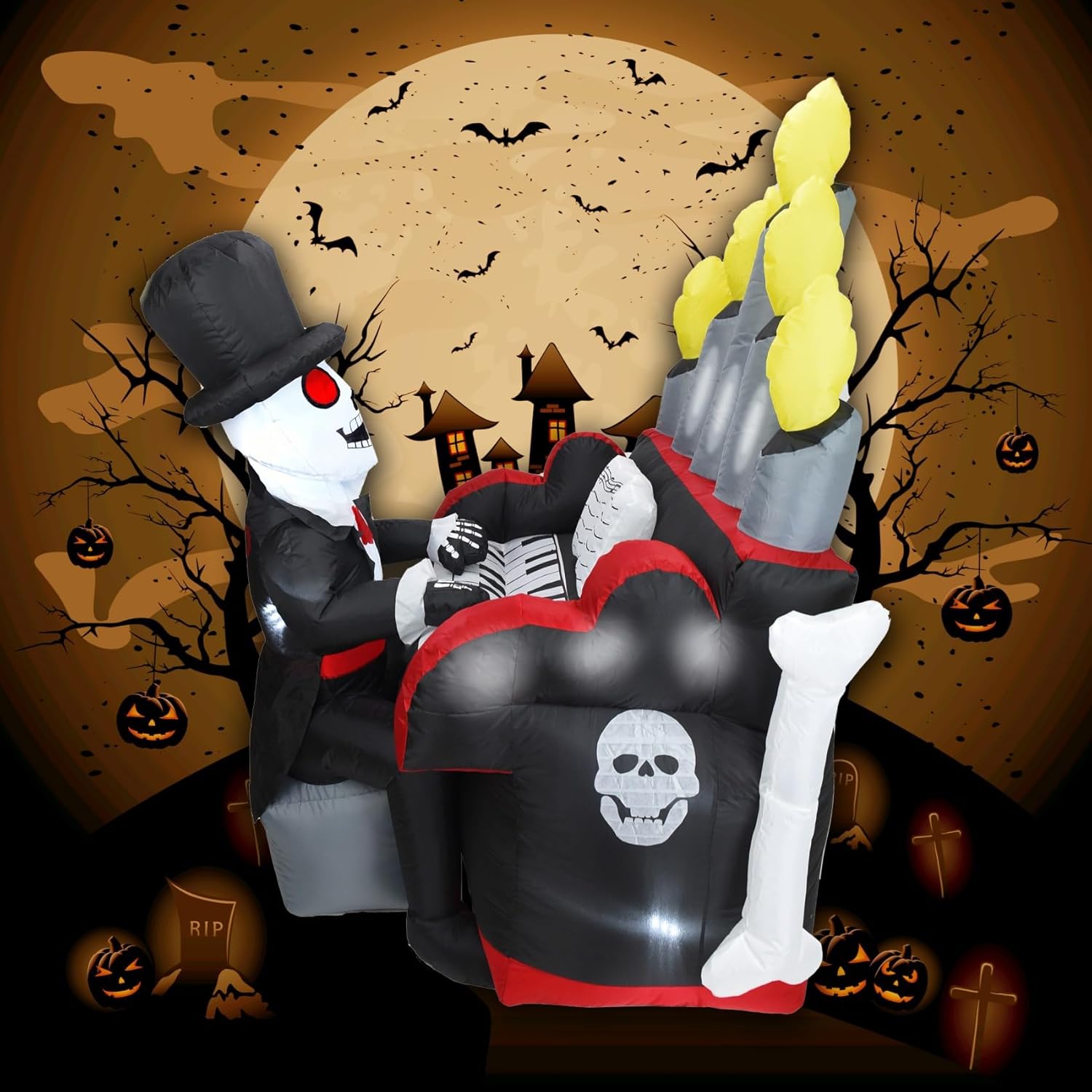 DearSun 5.4FT Halloween Inflatable Skeleton Playing Piano with LED Lights and Bluetooth Speaker F76810