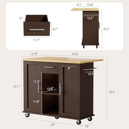 Shintenchi Kitchen Island with Drop Leaf, Rolling Cart with Storage, White T972