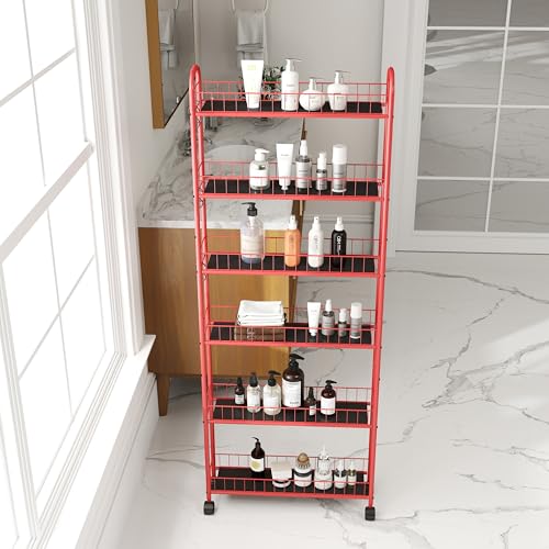 6-Tier Wire Storage Cart with Wheels for Small Spaces, Red Q62999