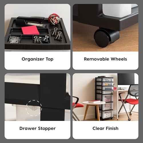 IRIS USA Plastic 10-Drawer Rolling Storage Cart with Wheels, Black/Clear T4065