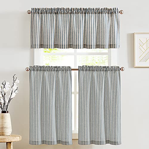 jinchan Floral Kitchen Curtains Set Linen Tier Curtains and Valance Farmhouse Small Window Curtains 24 Inch Length Cafe Curtains for Living Room Bathroom Rod Pocket 3 Pieces Set Blue on Beige