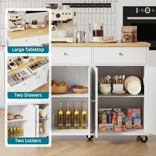 Shintenchi Kitchen Island with Drop Leaf, Rolling Cart with Storage, White T972