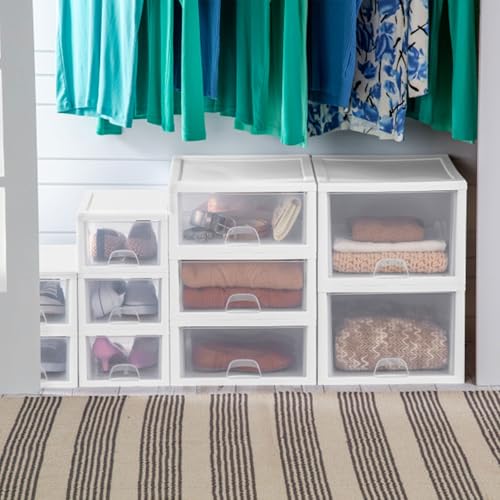 Sterilite 4-Pack 27 Quart Stacking Drawer, Clear Storage Organizer with White Frame M965