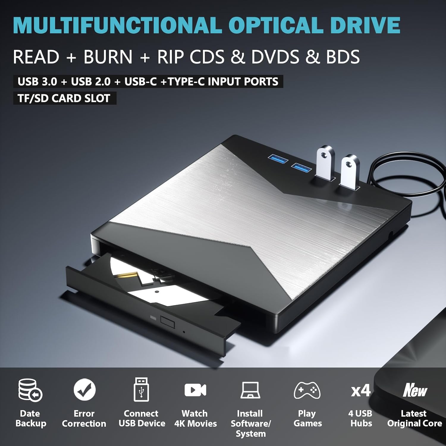 External Blu Ray Drive 4K Portable USB 3.0 Type-C Burner for Laptop X793431