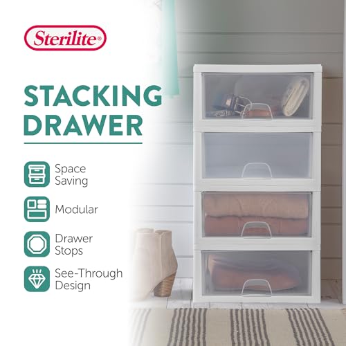 Sterilite 4-Pack 27 Quart Stacking Drawer, Clear Storage Organizer with White Frame M965