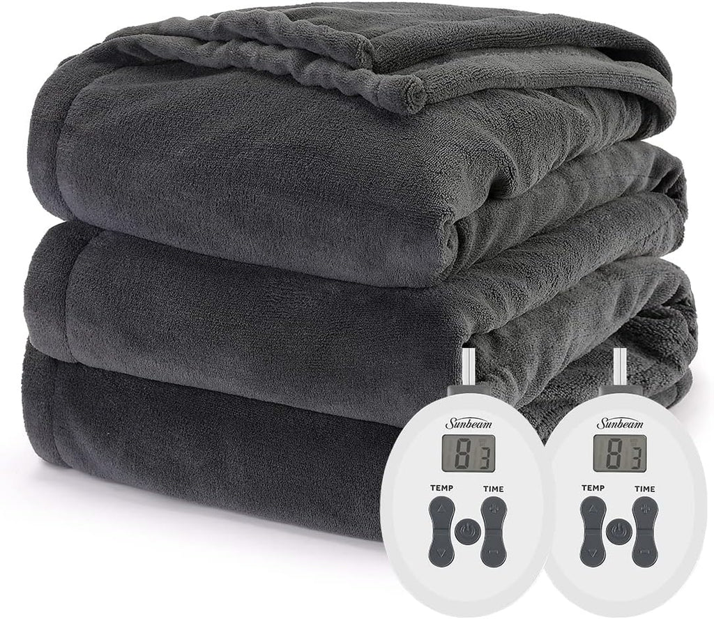 Sunbeam Ultra Plush Electric King Heated Blanket with Dual Zone 12 Heat Settings 2-Controllers Machine Washable, King (Slate Grey) (Slate Grey)