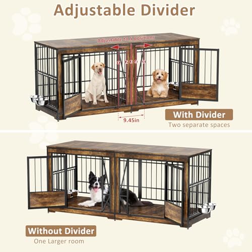 86 in Double Dog Crate Furniture with Divider, Heavy Duty Wooden Kennel for Large Dogs, Brown P52672