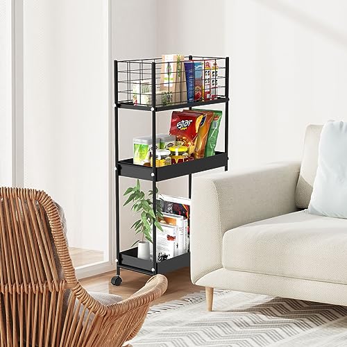 3 Tier Rolling Utility Cart for Kitchen Bathroom Office, Black Y802