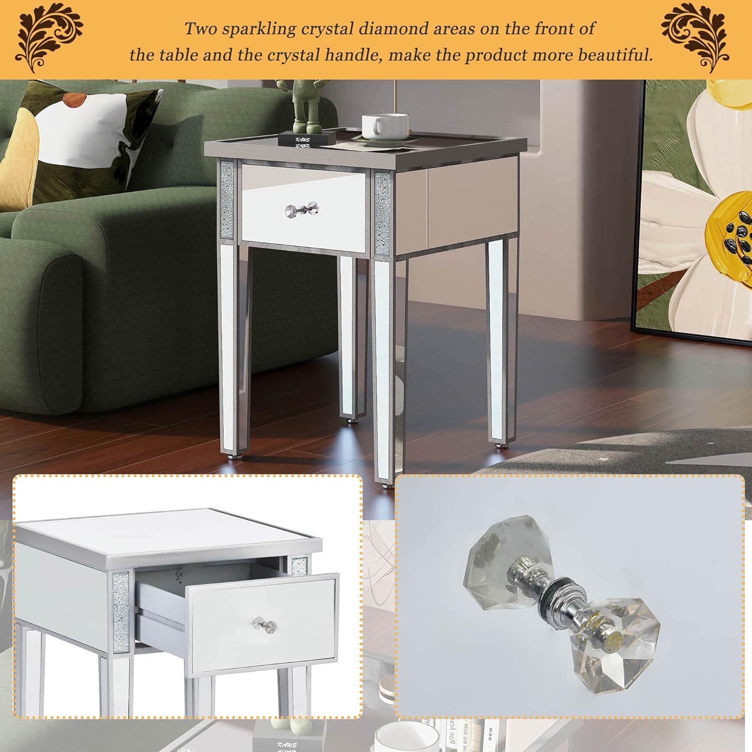 Modern Glass Mirrored End Table with Drawer, Silver V735